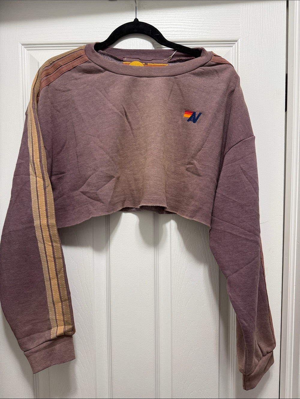 Aviator Nation Mauve Cropped Sweatshirt with Tan Stripe Detail